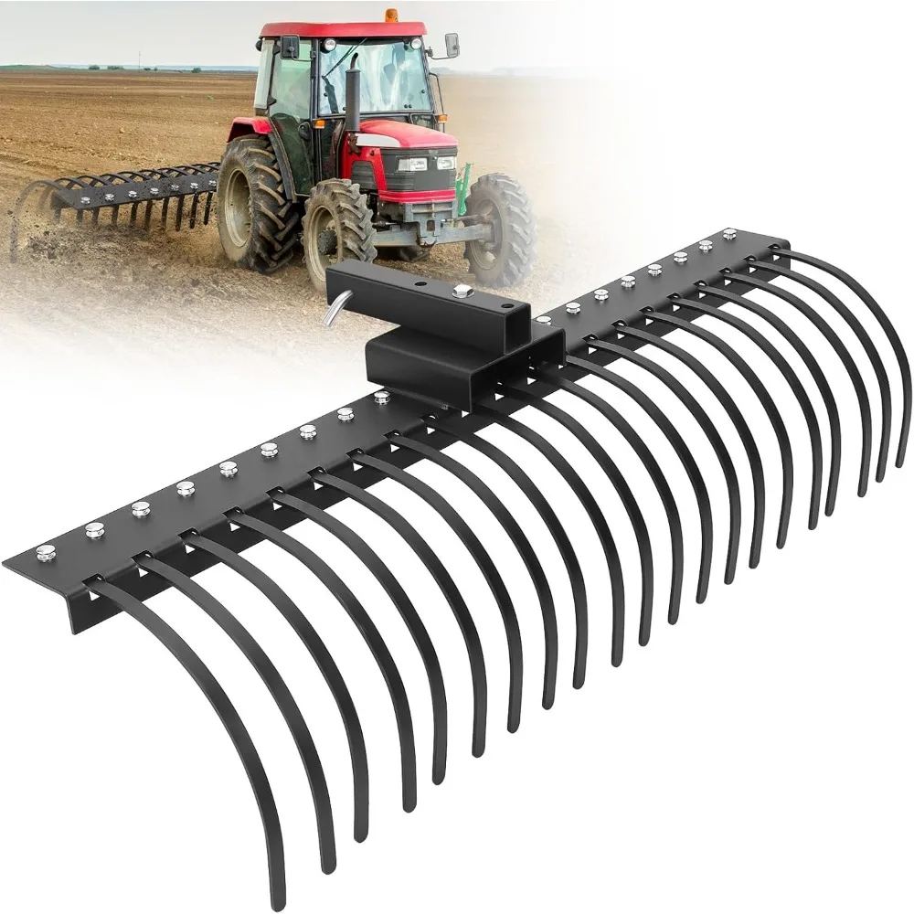 60 Inch Landscape Rake, 3 Point Attach Rock Rake Fit for 2 Inch Receiver with 360 Degree Rotation, Tow-Behind Garden Tool for Co