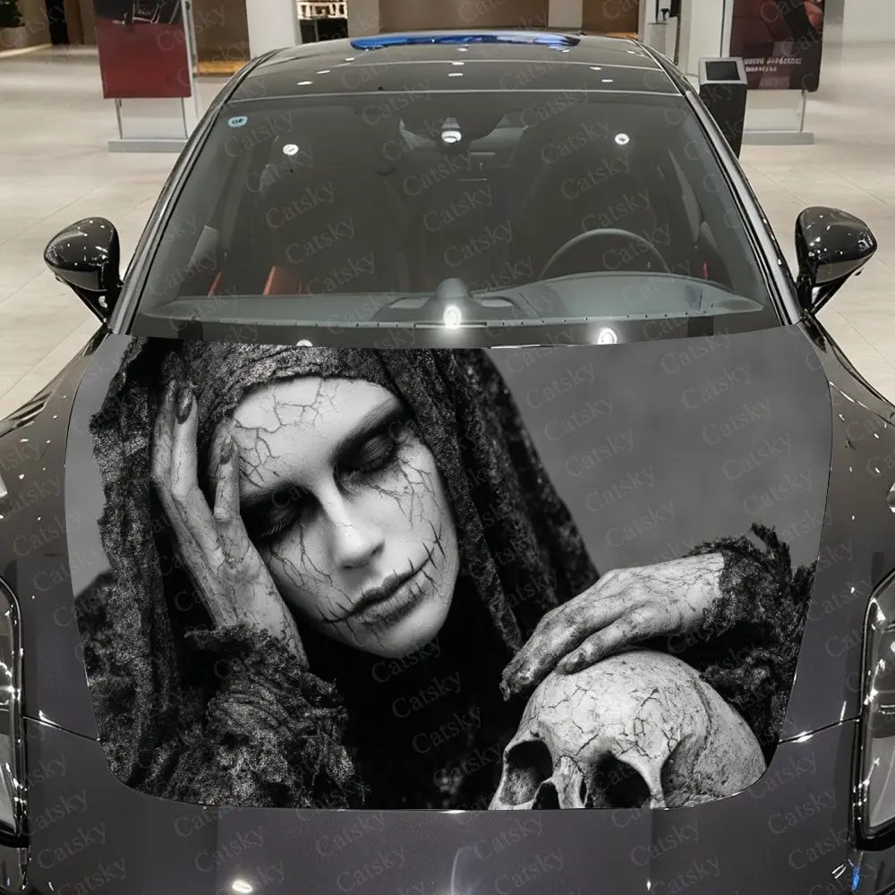 Skin-Split Girl & Skull Car Vinyl Wrap,PVC Waterproof Car Hood Sticker, Self-Adhesive Scratch-Resistant Sticker for Engine Cover