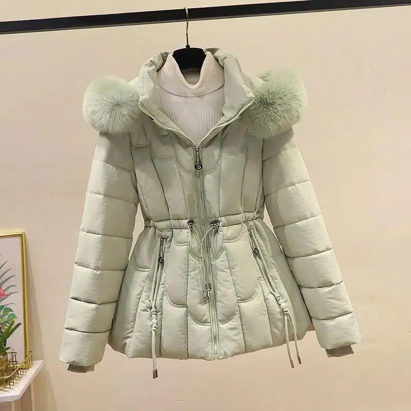 

Women's ort Detachable Hat down Cotton Jaet Winter New Sle Slim Fit Waist Cinch Large Fur Collar Bread Coat Cotton