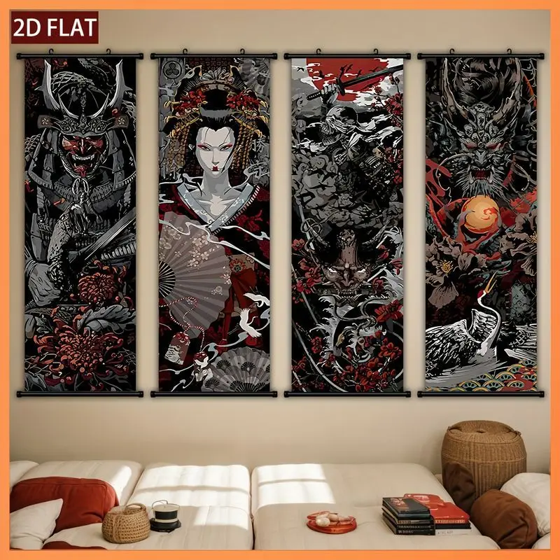 VIKAMA Dark Japanese Ukiyo-e Wall Scroll Tapestry Samurai Geisha Dragon Crane Chrysanthemum Hanging Scroll Asian Wall Art Decor