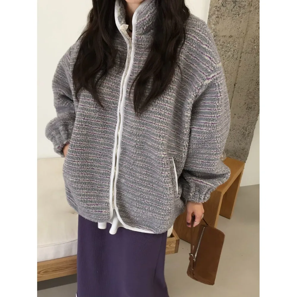 

Куртка из овечьего меха, женское свободное пальто в полоску, корейское зимнее пальто, модный топ Agel для повседневного активного отдыха