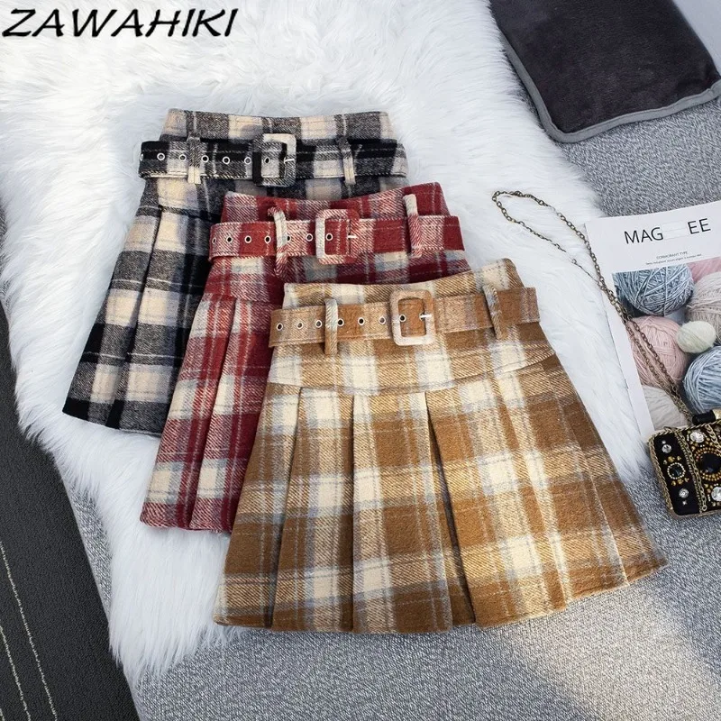 

ZAWAHIKI Short Skirt Women High Waist Plaid Spring Fall Preppy Vintage A-line Pleated Fashion All Match Chic Designed Faldas