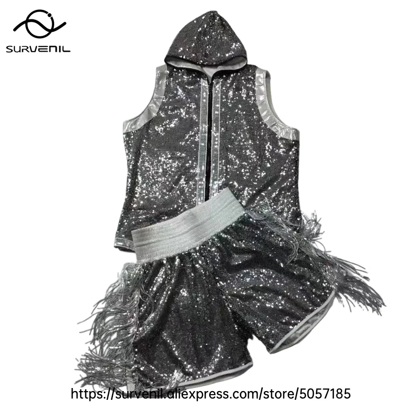 

Premium Boxing Gear Set Sleeveless Hooded Boxing Robe Fringe Sequin Muay Thai Shorts Eye-Catching Decor for MMA BJJ Competitions