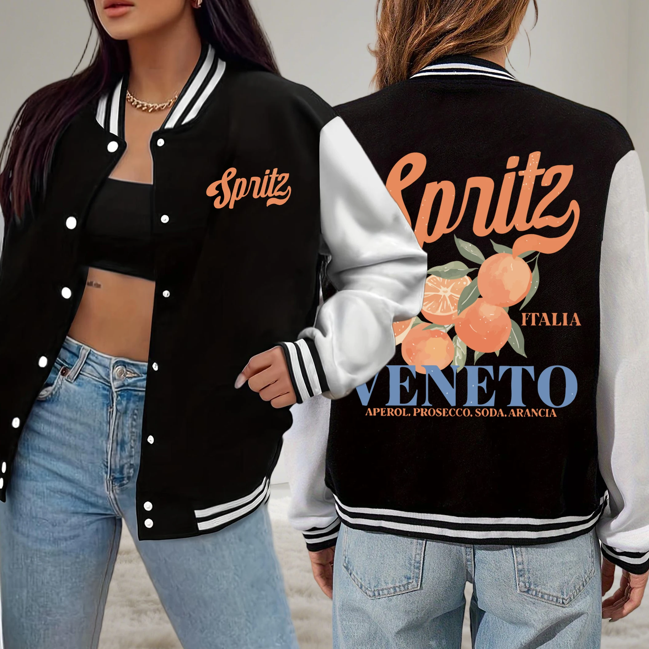 

Spritzy Veneto Funny Orange Fruits Print Women Baseball Uniform Fashion Fleece Jacket Autumn Sport Streetwear All-Match Clothes