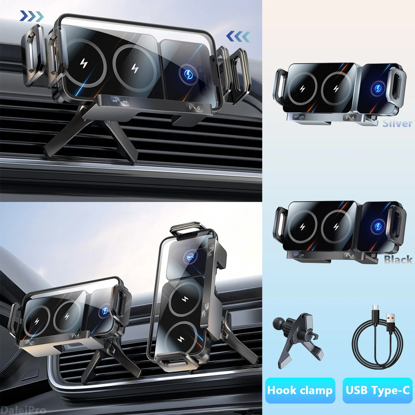 Phone Holder Car Wireless Charger Universal Dual Coil Foldable  Car Phone Mount Fast Charging   For Samsung iPhone Xiaomi Z Fold