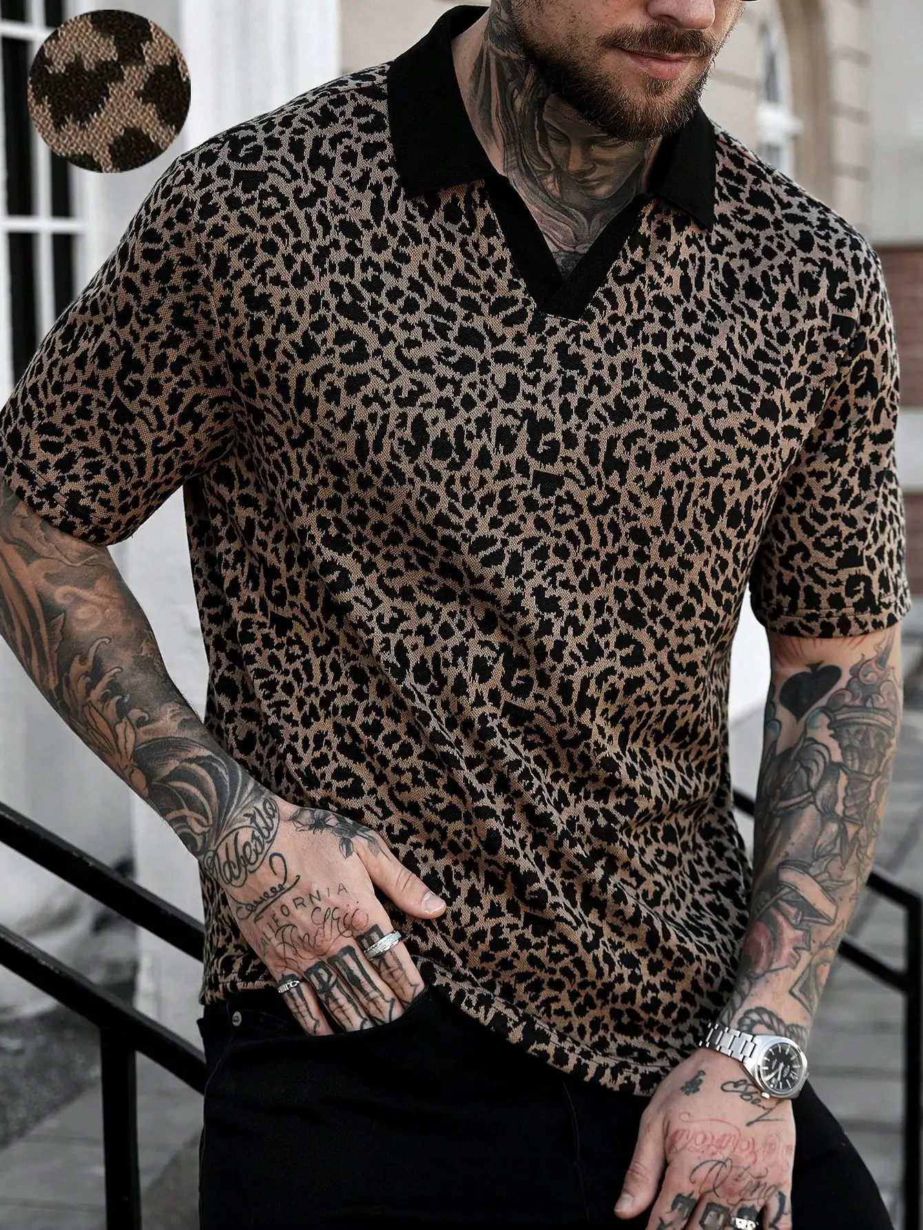 

Men's Leopard Print Contrast V-Neck Polo Shirt - Casual Streetwear for Parties & Daily Wear