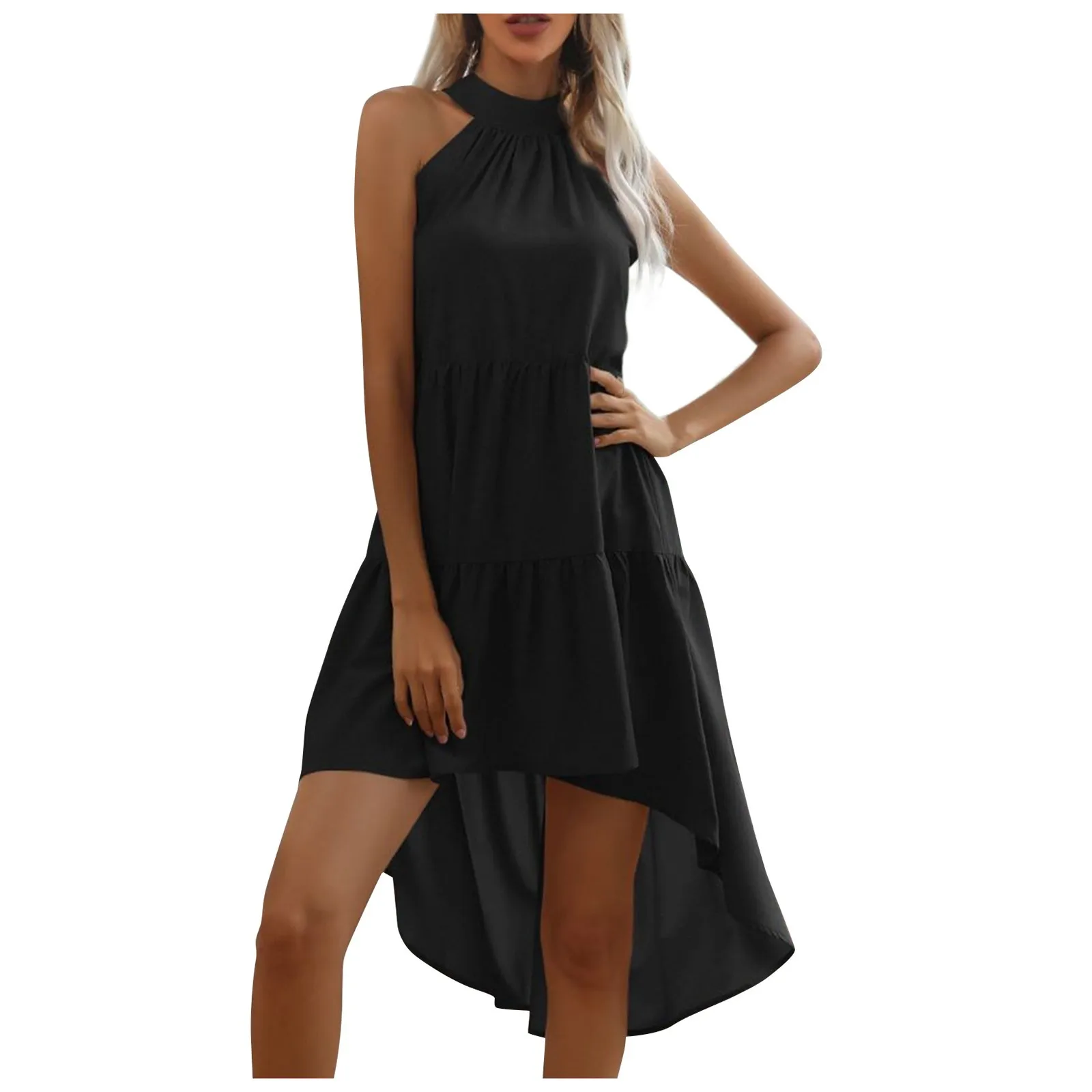 Vestido elegante sin mangas con cuello Halter para mujer, vestido plisado de cintura alta, Frente corto, espalda larga, playa, fiesta de cumpleaños, Verano