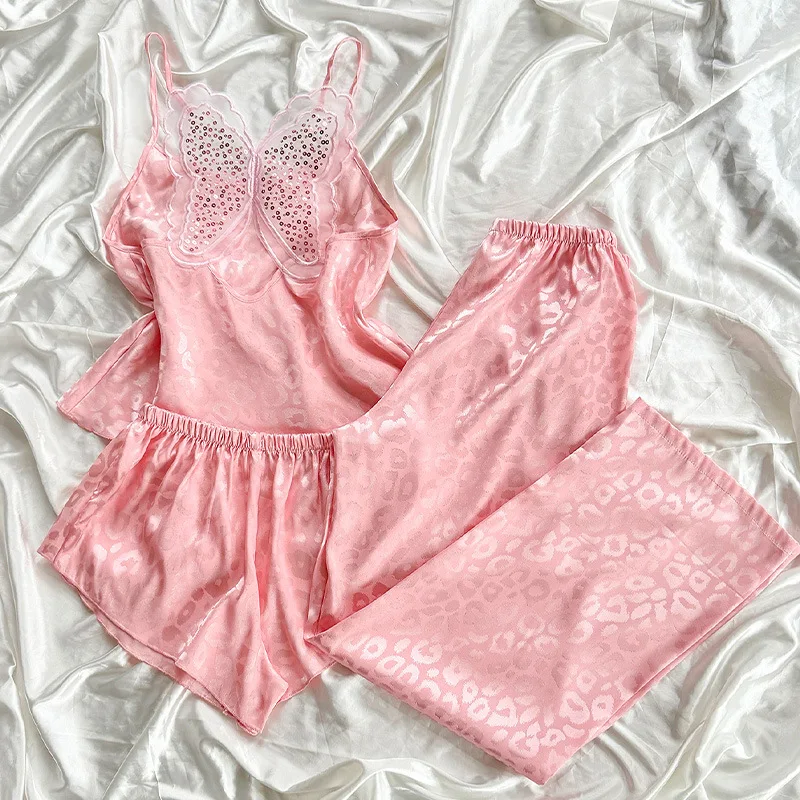 

Пижамный комплект из 3 предметов, женская сетчатая одежда для сна с бабочкой, пижамный костюм, сексуальный топ на бретелях и шорты, нижнее белье, летняя атласная ночная рубашка