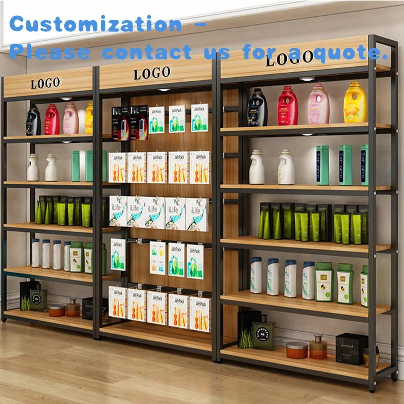 

custom.Boutique Retail Shop Stainless Steel Wood Display Cabinet Metal Gondola Adjustable Hook Wig Cosmetics Store Shelves Whole