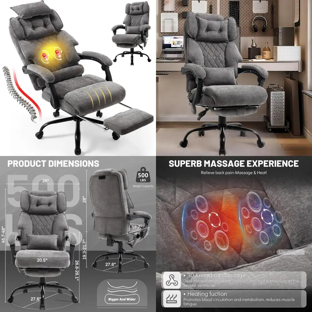 

Ergonomic Big and Tall 3D Kneading Massage Office Chair with Footrest, Heat Function, Supports up to 500lbs for Executive Comfor