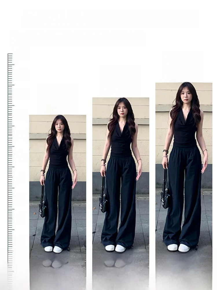 블루 하이웨이스트 스트레이트 레그 워크웨어 팬츠 여성 여름 얇은 퀵 드라이 스포츠 바지 아메리칸 레트로 슬리밍 플로어-...