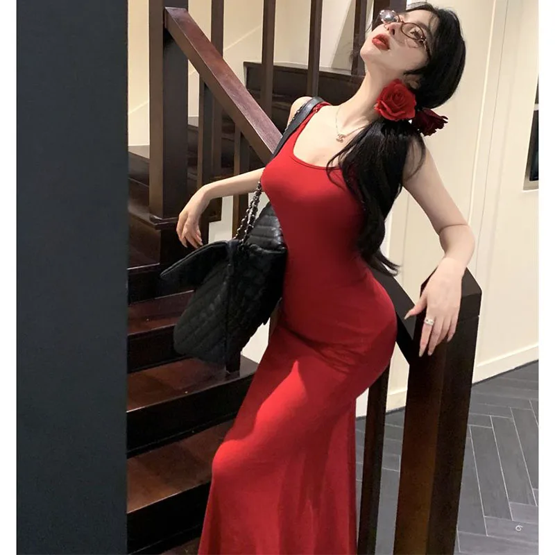 

Women Slip Maxi Dress Lady Red Crew Neck Strap Butterfly Cutout Casual Beach Dress Female Slim Sexy Wrap Hip Dresses