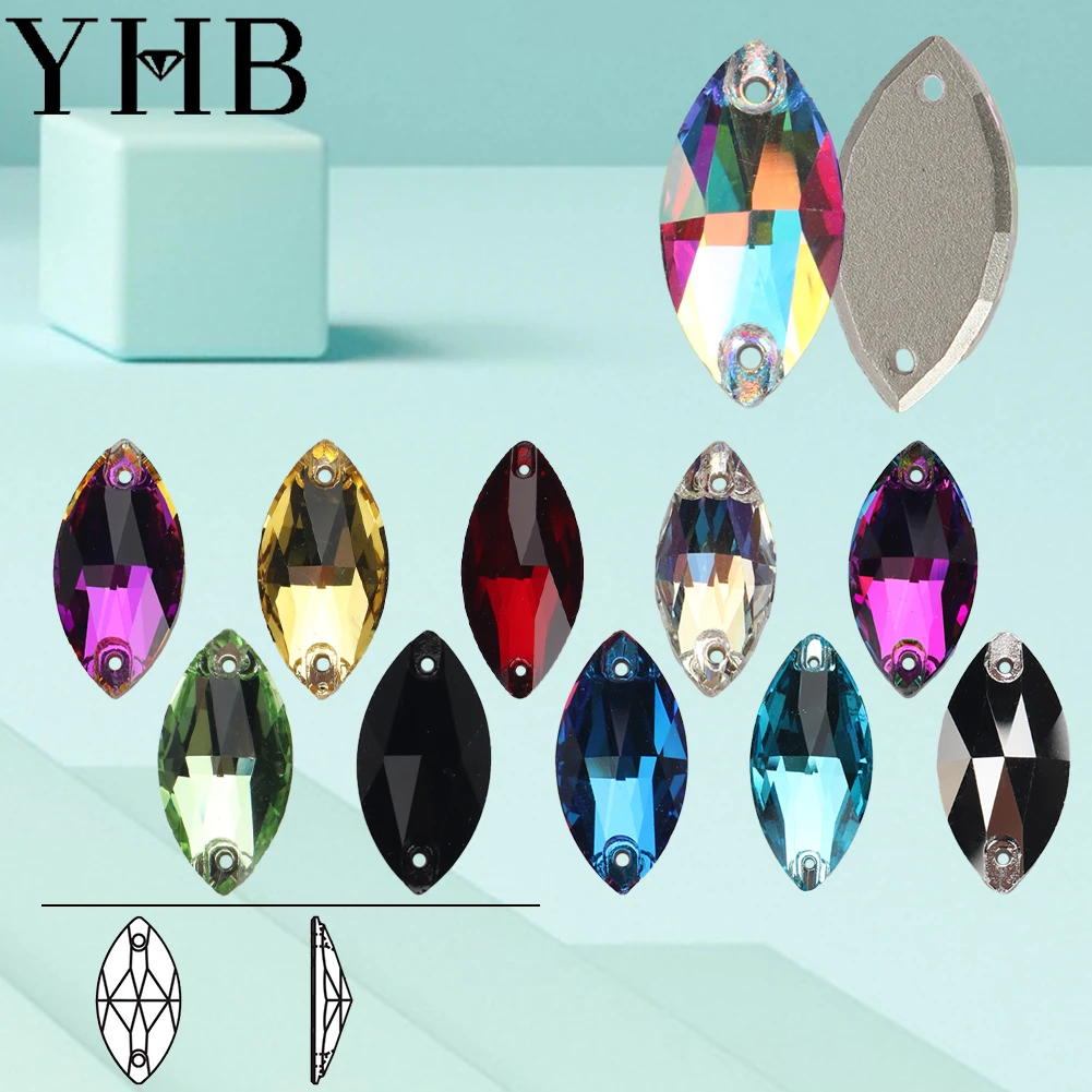 YHB Top Quality Glass Navette Flat BuckleSewing Stones Flatback Sew on Rhinestones For Clothes Bags