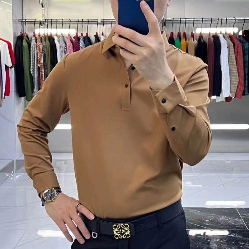 

Men New Spring and Autumn Spliced polo Collar Button Fashion Solid Color Slim Minimalist Casual All-match Long-sleeved Top