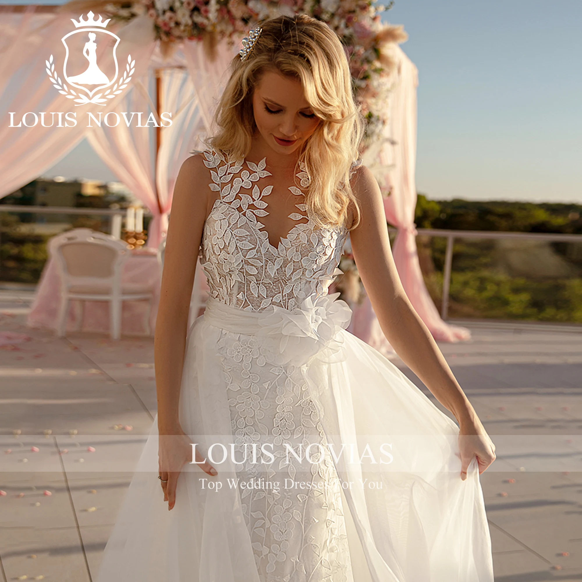 LOUIS NOVIAS-vestido De Novia De sirena con cuello en V, traje semitransparente con botones, tren desmontable, 2023