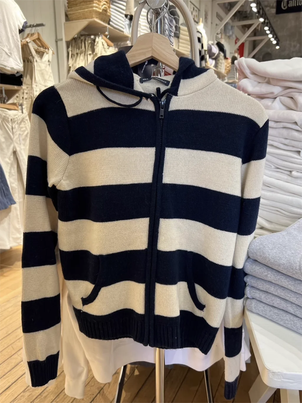 Navy Stripes Slim Sweater Cardigan Autumn Drawstring Hooded Long Sleeve Coat 2023 Y2k Vintage Casual Streetwear Cotton Sweaters