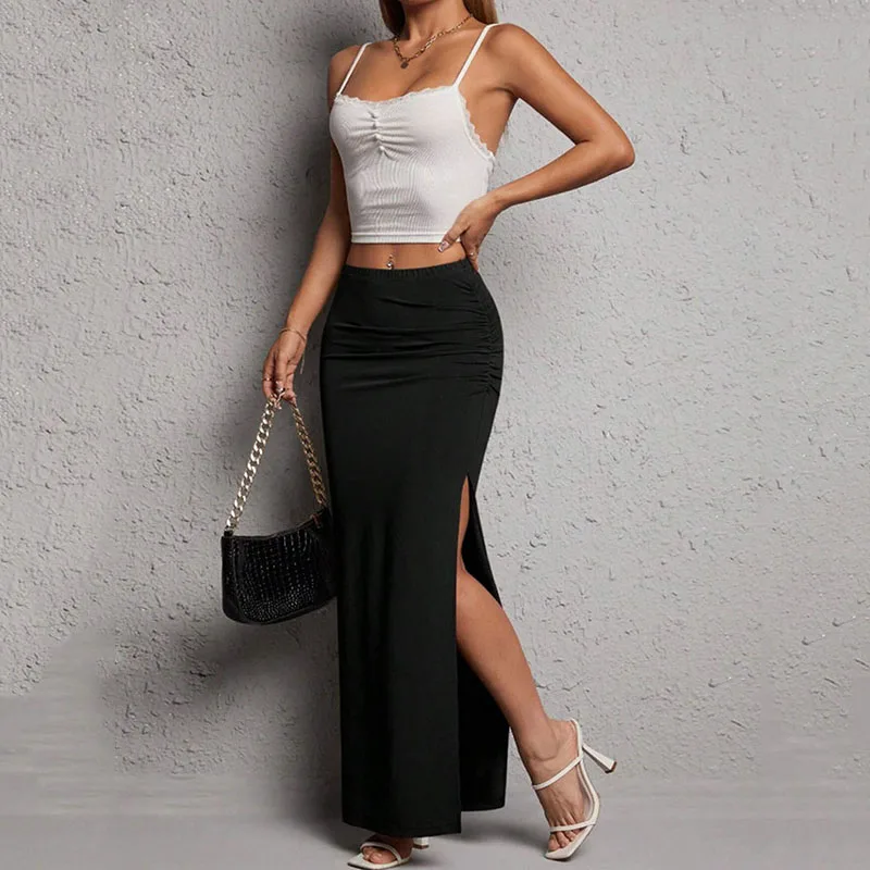 Lucyever Sexy Black Bodycon Skirt for Women Elegant Chic Side Split Long Skirts Woman Summer 2025 New High-Waisted Midi Skirts