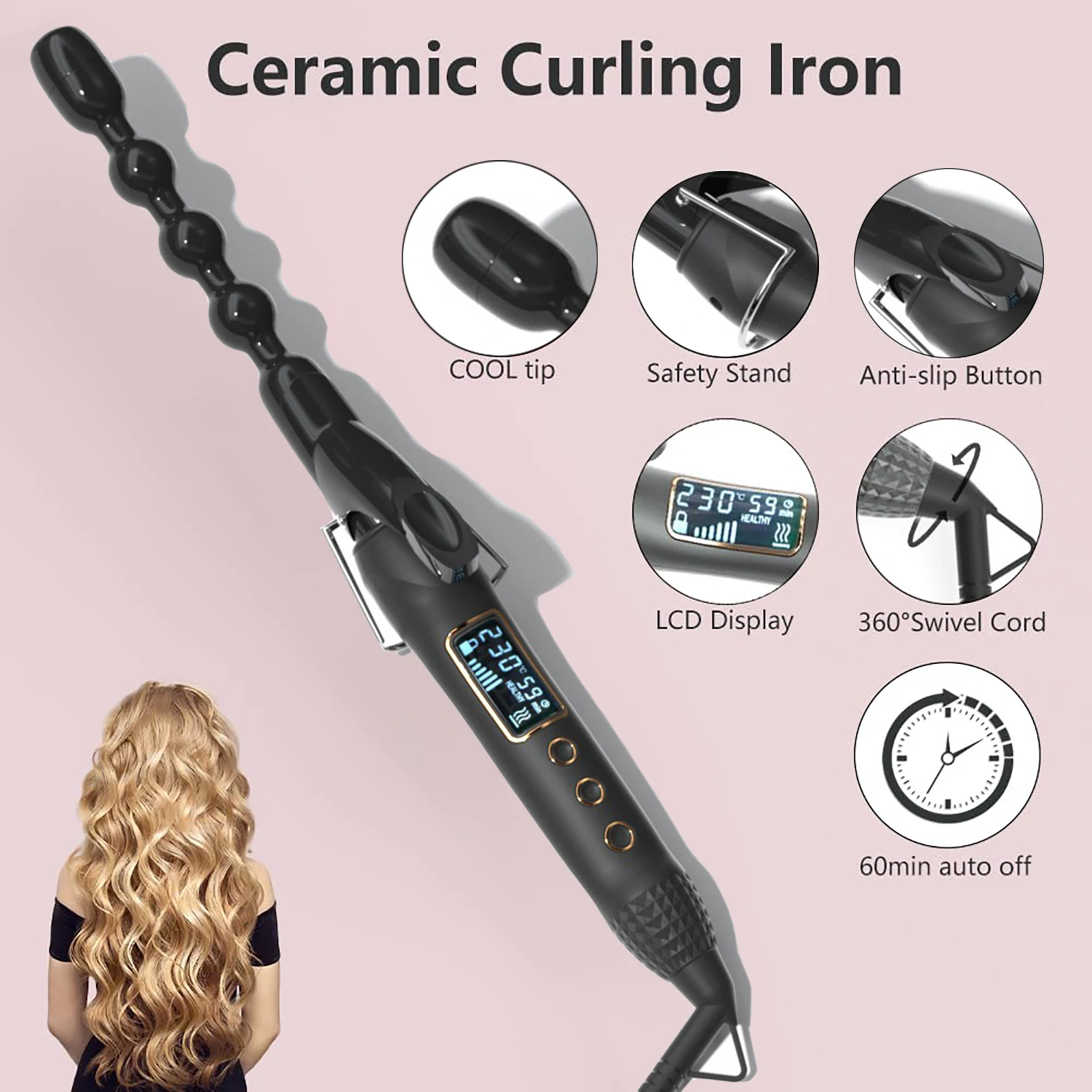 Ceramiczna spiralna lokówka tykwa lokówka głęboko kręcone włosy Styler loki magiczne lokówki do włosów koralik fala maszyna wyświetlacz LED