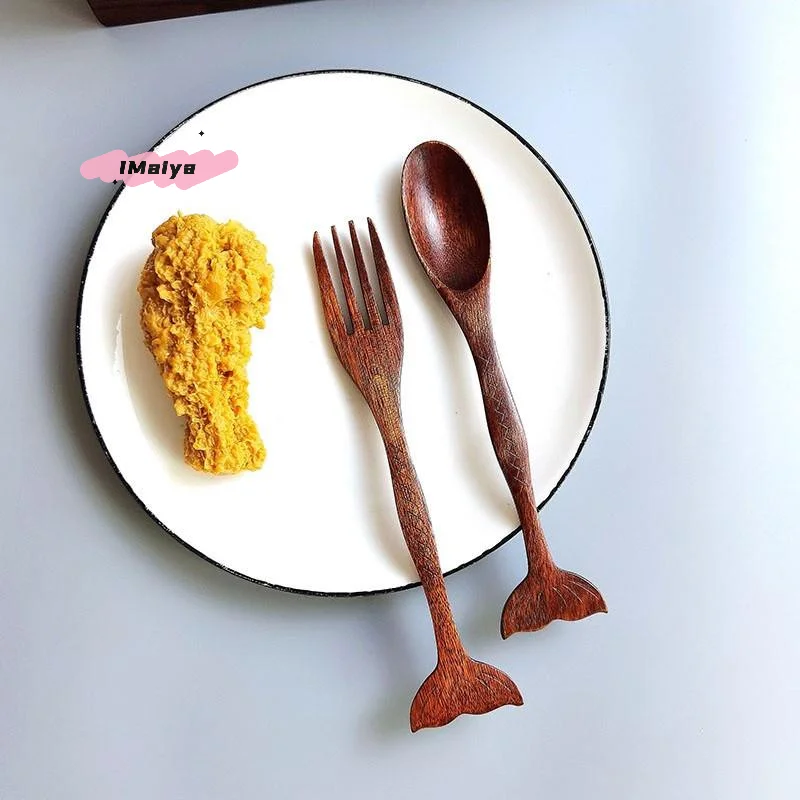 Juego de cuchara y tenedor con mango de cola de pez Nanwood de madera maciza de estilo marino, vajilla hecha a mano con diseño de tenedor para ensalada de frutas y postre, 2 uds.