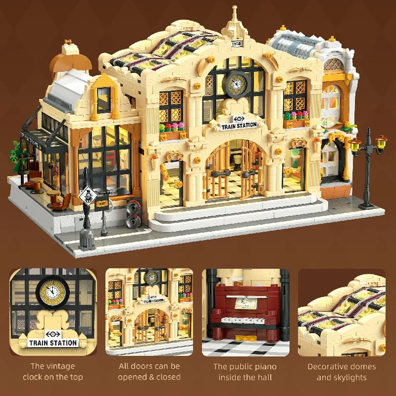 Vintage Train Station with LED Modular Buildings Blocks City View Architecture Brick Model Kit Boys Toy Adults Kid Gift 3220PCS