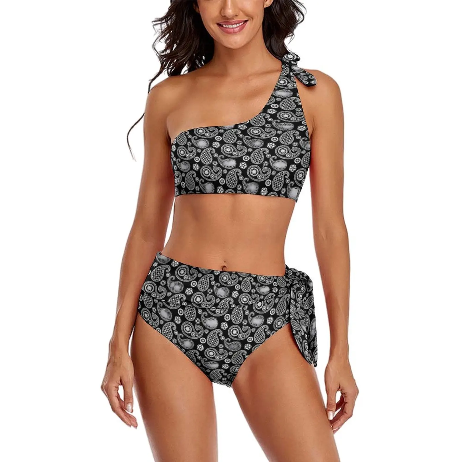 

Sexy Paisley Print Bikini Set Black and White Fashion Bikini Swimsuit High Waist Swimwear Swim Graphic Feminine Bikinis