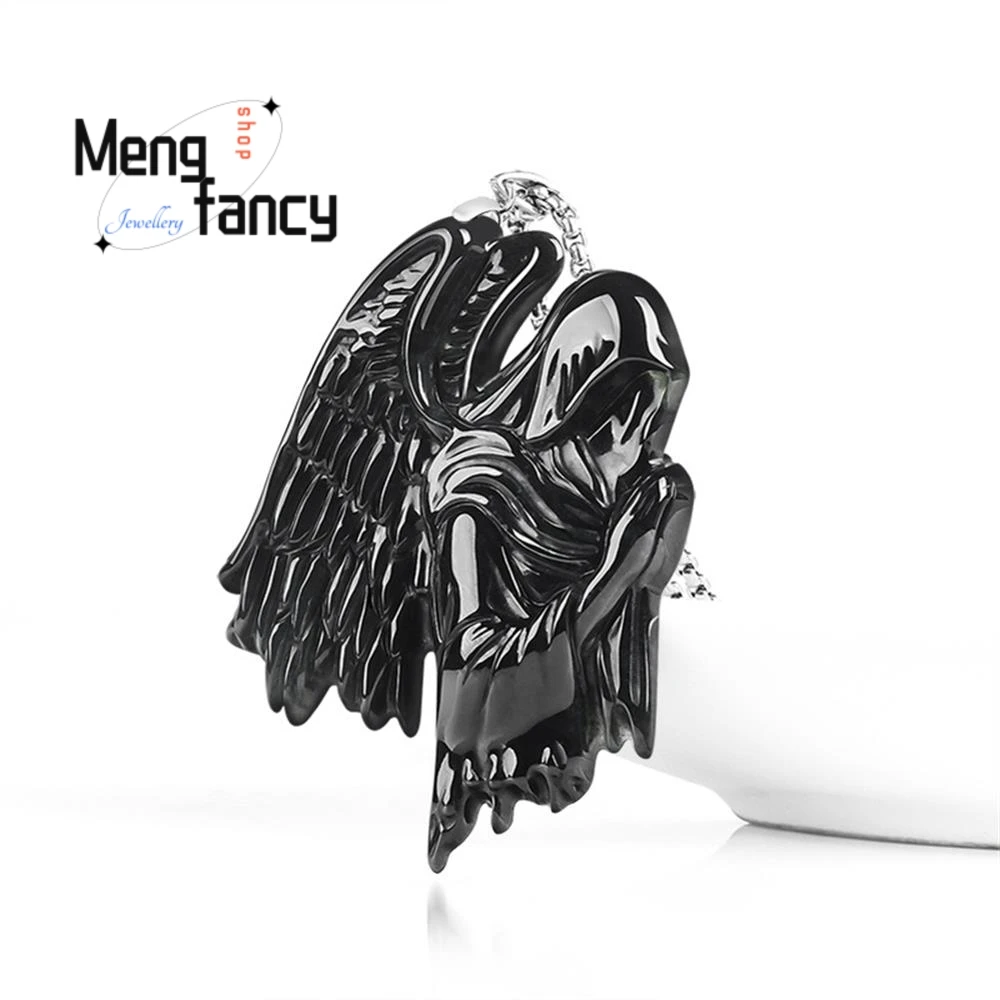 

Оригинальный натуральный бирманский жадеит класса А, черный нефрит, кулон «Ночной ангел», серебряная застежка S925, модные украшения в стиле хип-хоп