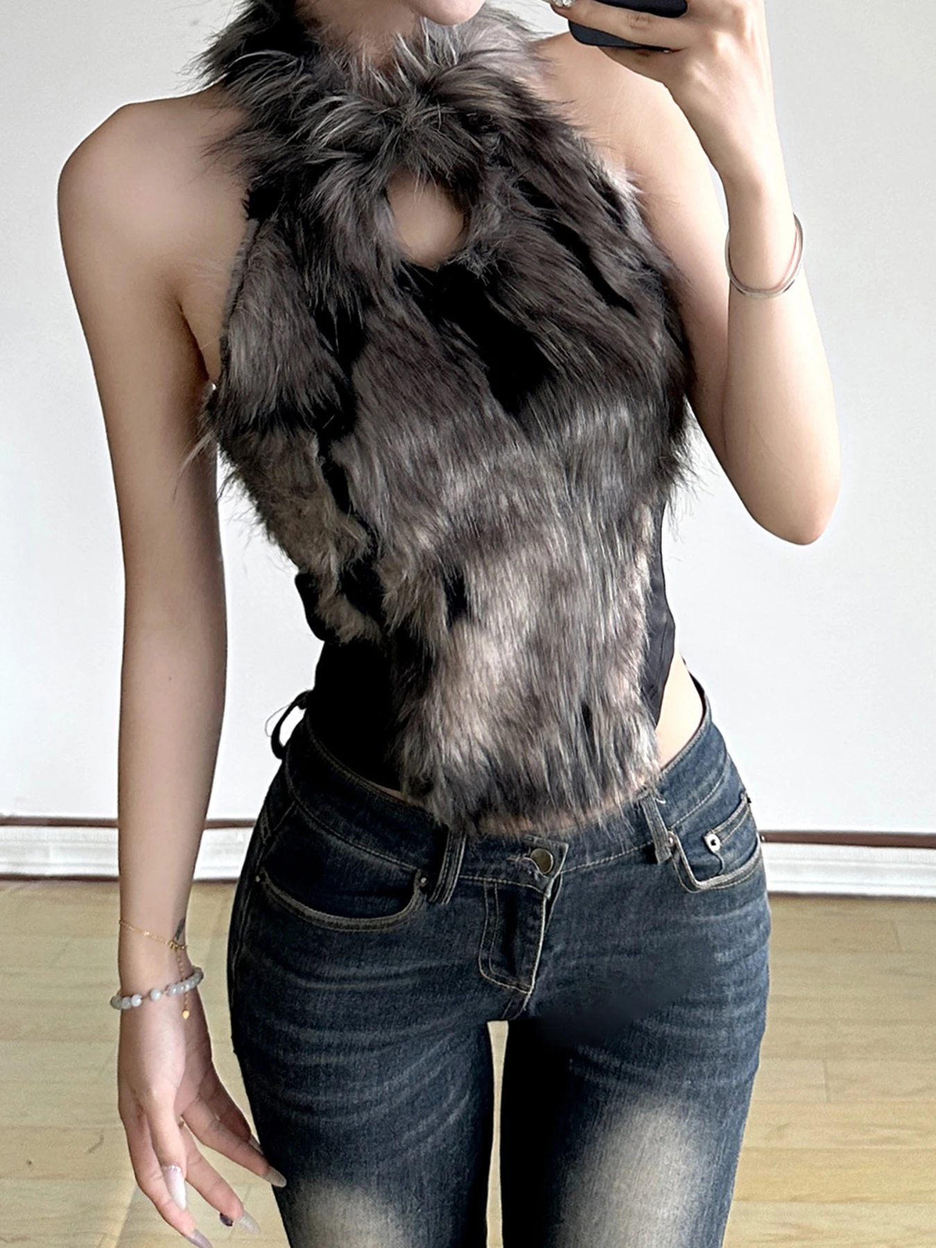 IAMSURE Sexy Patchwork Furry Halter Tops Slim Backless O-Neck Hollow Out Sleeveless Tanks Women 2024 Autumn Streetwear Ladies