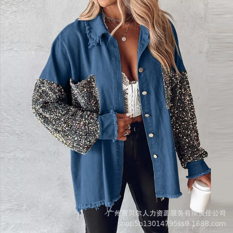 Elegant Shirt Cardigan Coat Casual Loose Pockets Trend Sequin Shirts Jackets Women Long Sleeve Stitching Contrast Raw Hem Coats