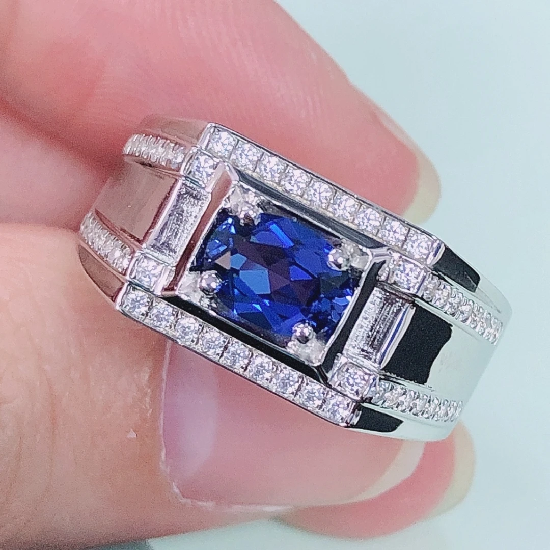 

1Ctw Egg Oval Shape Created Sapphire Blue Diamond Men Ring 14K White Gold Male Ring R206