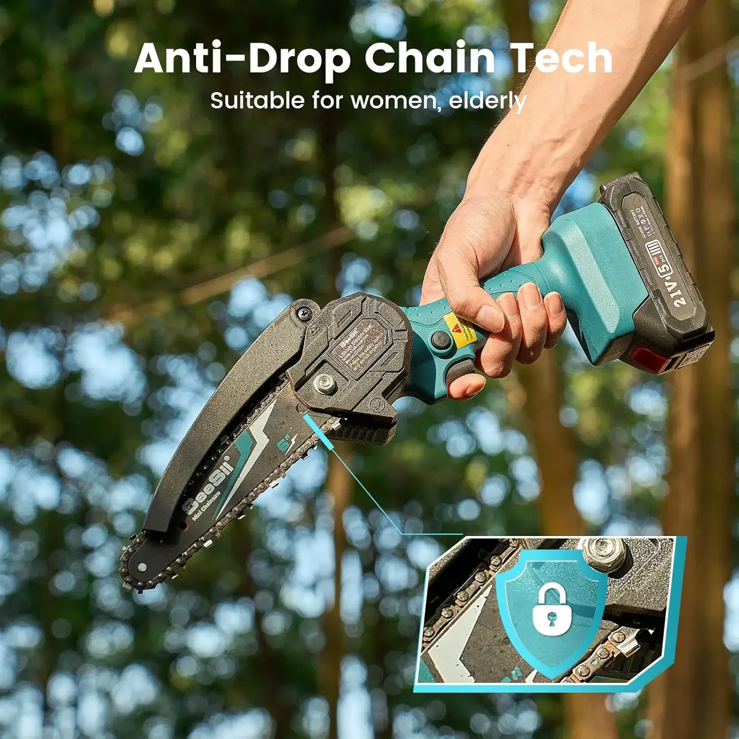 Seesii Cordless Mini Chainsaw 6“ Handheld Electric Power Brushed Chain Saw for Tree Trimming Wood Cutting Electric Pruning Saws