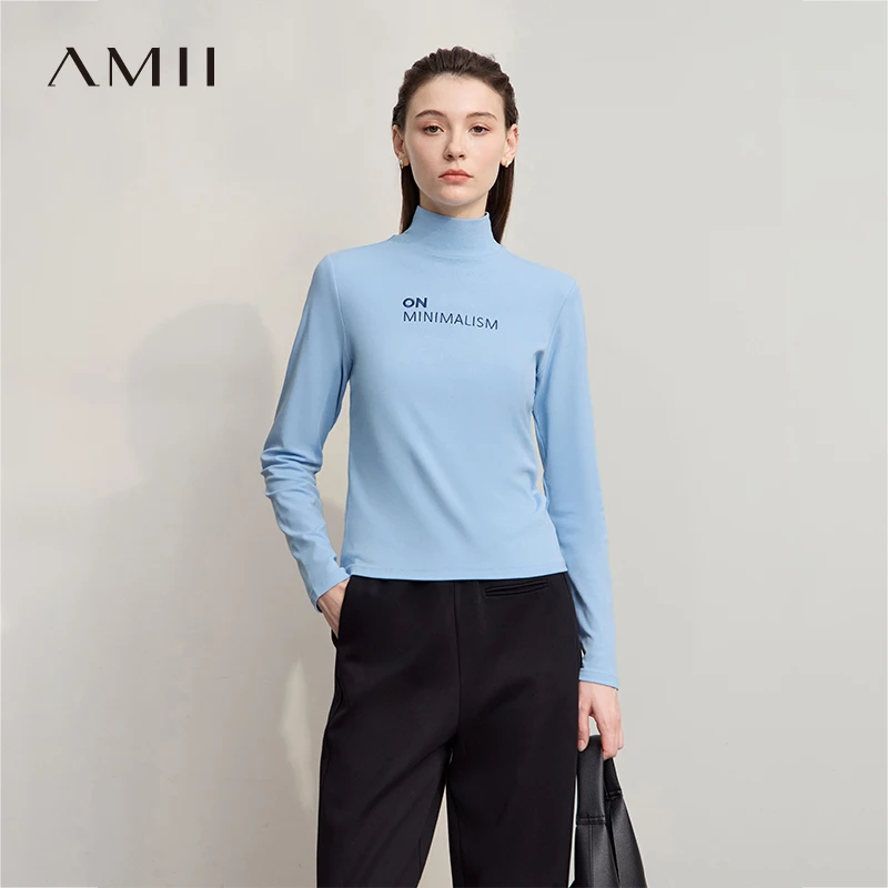 AMII Women's T-shirt 2026 Autumn New Casual Versatile Top Women Turtleneck Letter Embroidery Long Sleeves Ladies Tops 12524058
