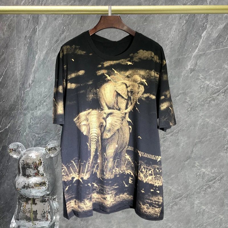 

Summer Fashion Short Sleeve T-shirt For Men Casual Animal Pattern Hot Drilling Tshirt Social Club Outfits Men Tee Shirt Homme