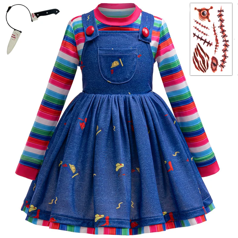 Creepy Chucky Costume Set For Kids Girls Killer Doll Outfit Striped Tops With Dress For Halloween Birthday Party Carnival Outfit