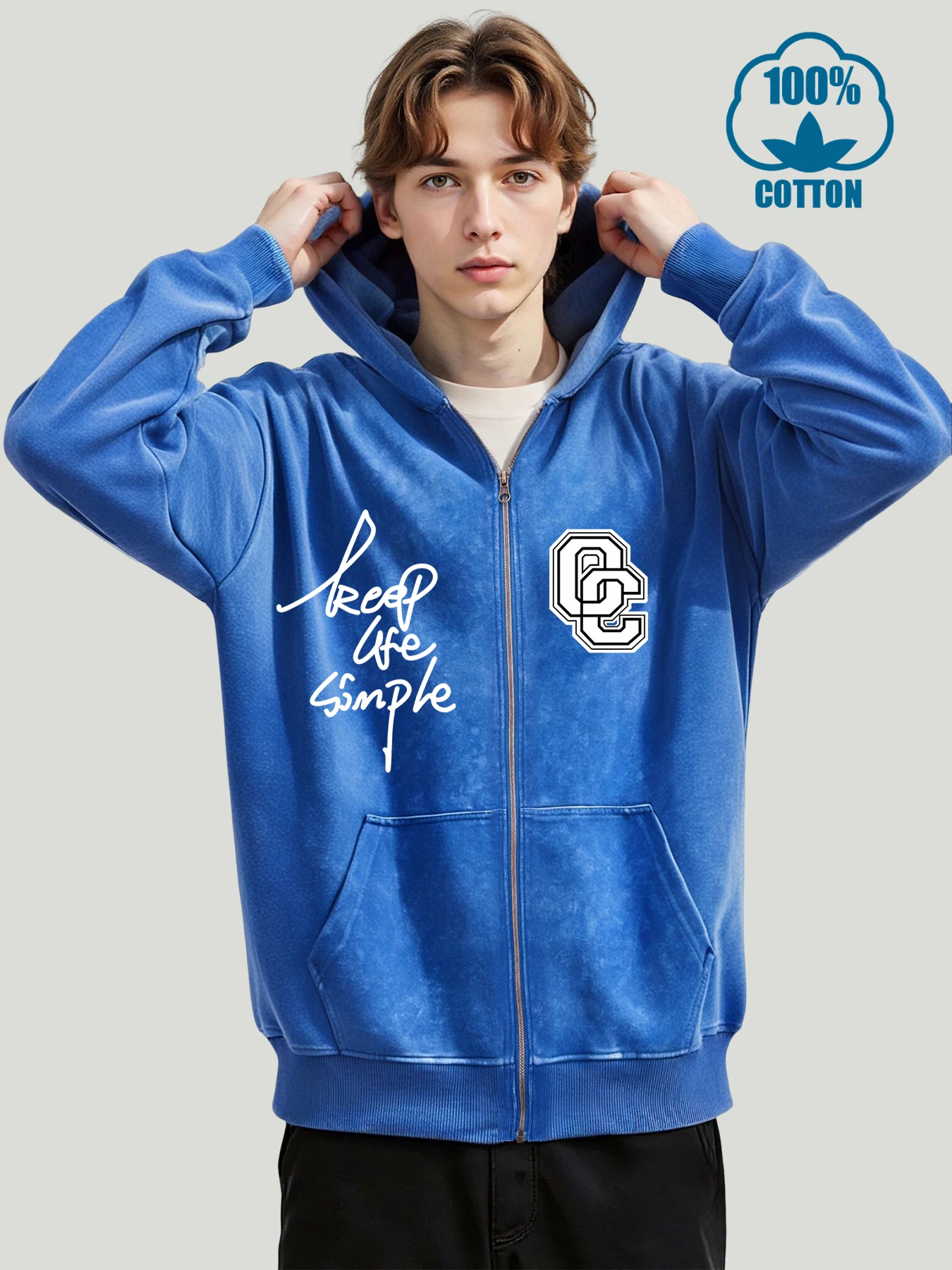 

Keep Life The Letters O And C Print Mens Washed Zipper Jacket Cotton Hoody Fashion Retro Pullover Vintage Loose Streetwear