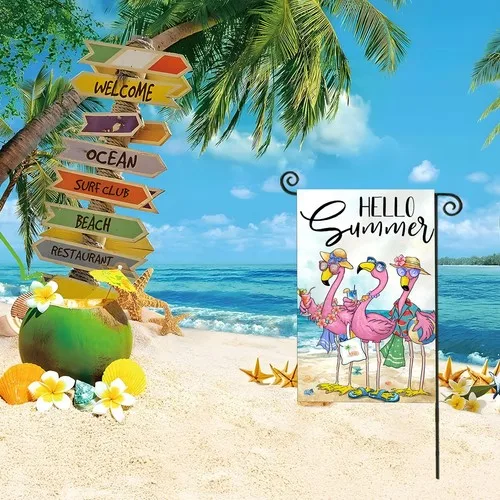 Hello Summer Garden Flags for Outside, Watercolor Flamingos on The Beach Smal... VVL YYX EEZ