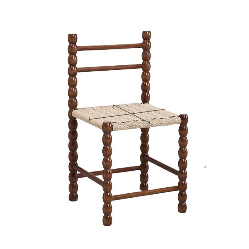Nordic Vintage Woven Rope Stool Solid Wood Chair Retro Gourd-Shaped Seat with French Backrest for Living Room