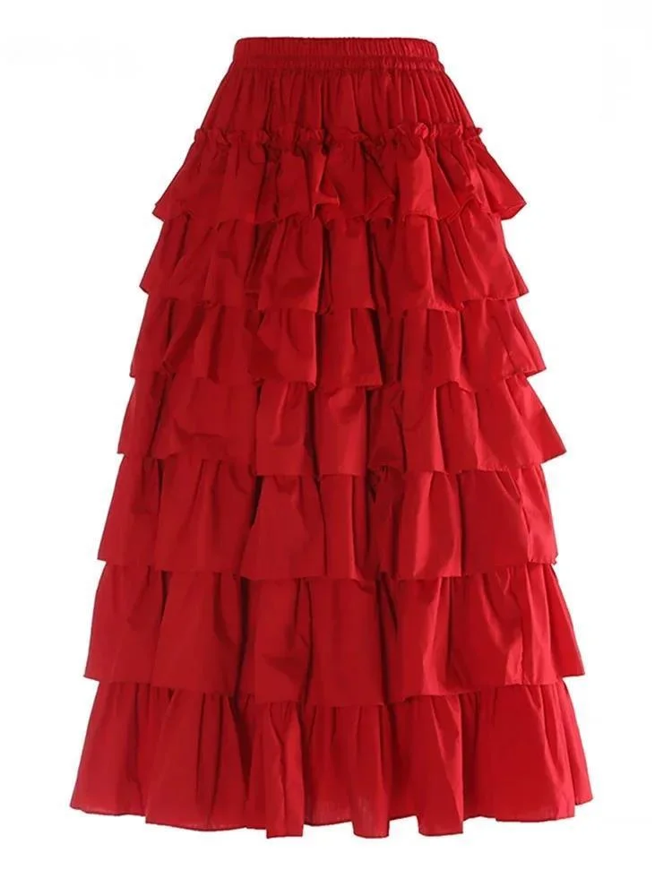 

High Elastic Waist Red Ruffles Layers Elegant Cake Half-body Skirt Women Fashion Tide New Spring Autumn