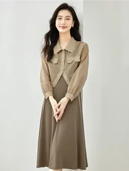 Vimly Office Lady 2 Piece Dress Set Autumn 2023 Turn Down Collar Long Sleeve Thin Shirt and Sleeveless Slim Midi Dress 30025