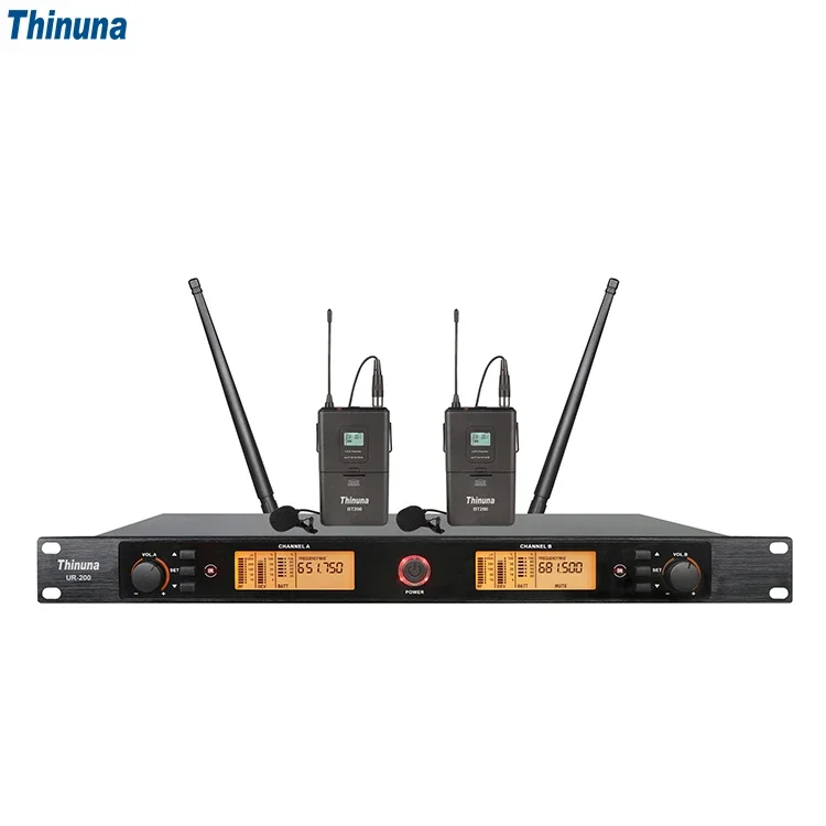 Thinuna UR-200 المهنية 2 قناة UHF نظام لاسلكي مجموعة ميكروفون مع يده / التلبيب / سماعة ميكروفون لاسلكي