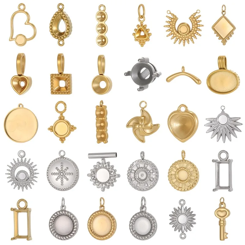 Mixed Blank Bezel Charms Stainless Steel Gold Silver Heart Sun Key Teardrop Pendant Bases For DIY Resin Jewelry Making Supplies