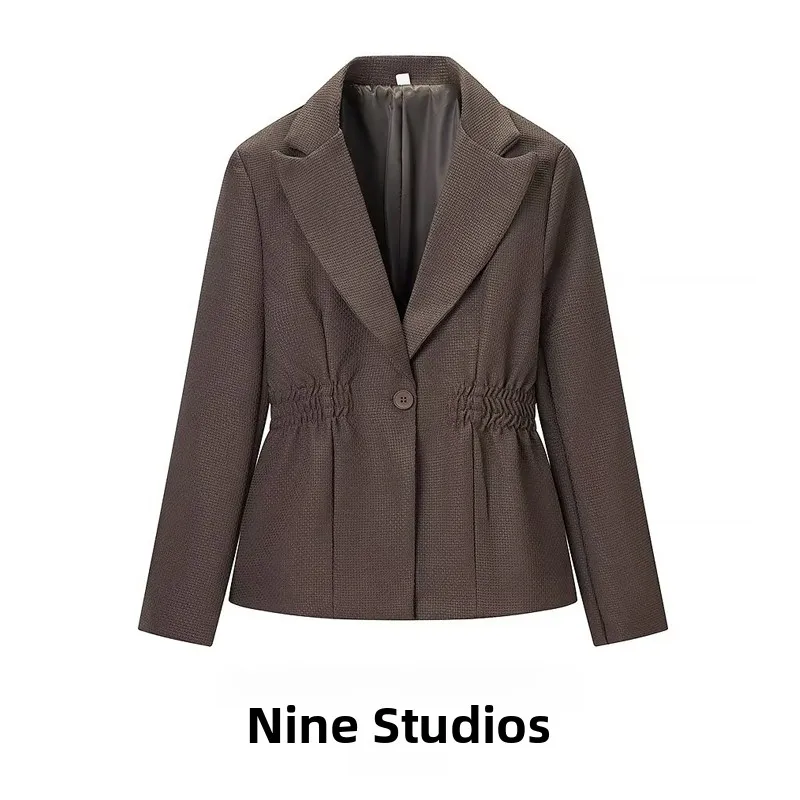 

Casual Pure Color Loose Elastic Waist Suit Jaet Women's Faion European Sle Long Sve One Button Closure Polyester