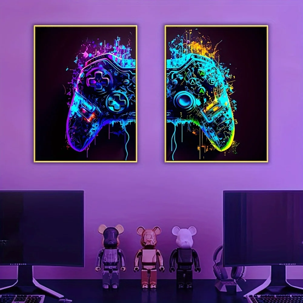 

2pcs No Frame Canvas Poster, Modern Art, Cyberpunk Colorful Competitive Game Handle Boys' Bedroom Background Wall Decoration