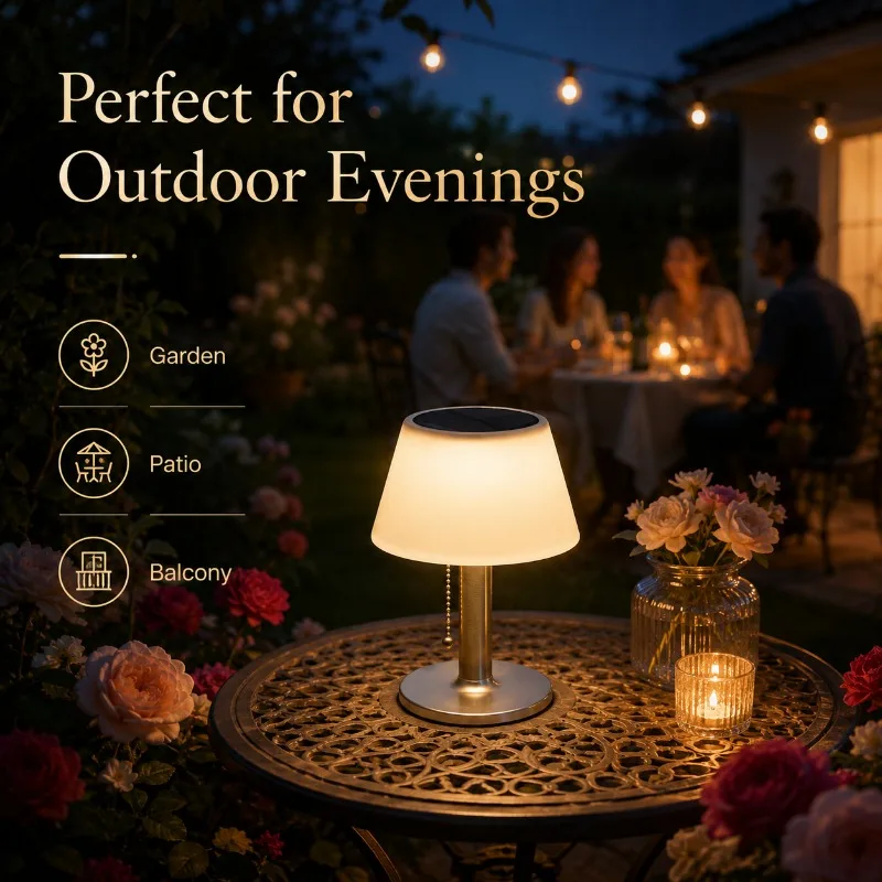 Solar Pull Cord Table Lamp Outdoor Garden Patio Camping Night Light 3 Brightness Levels Warm White Cordless LED Decor Lamp