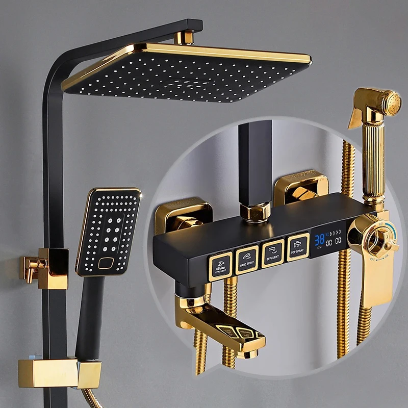 Luxury Hot Cold Digital Bathroom Shower System Thermostatic Brass Faucet Gold Digital Piano Control Rainfall Shower Head Set