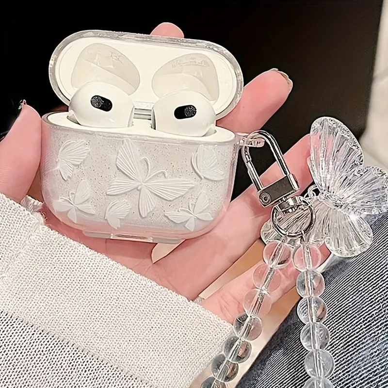 Crystal Butterfly Pendant Bead Bracelet Earphone Case For Apple Airpods 4 /3 For Airpods Pro/ Pro2 Earphone Case With Keychain