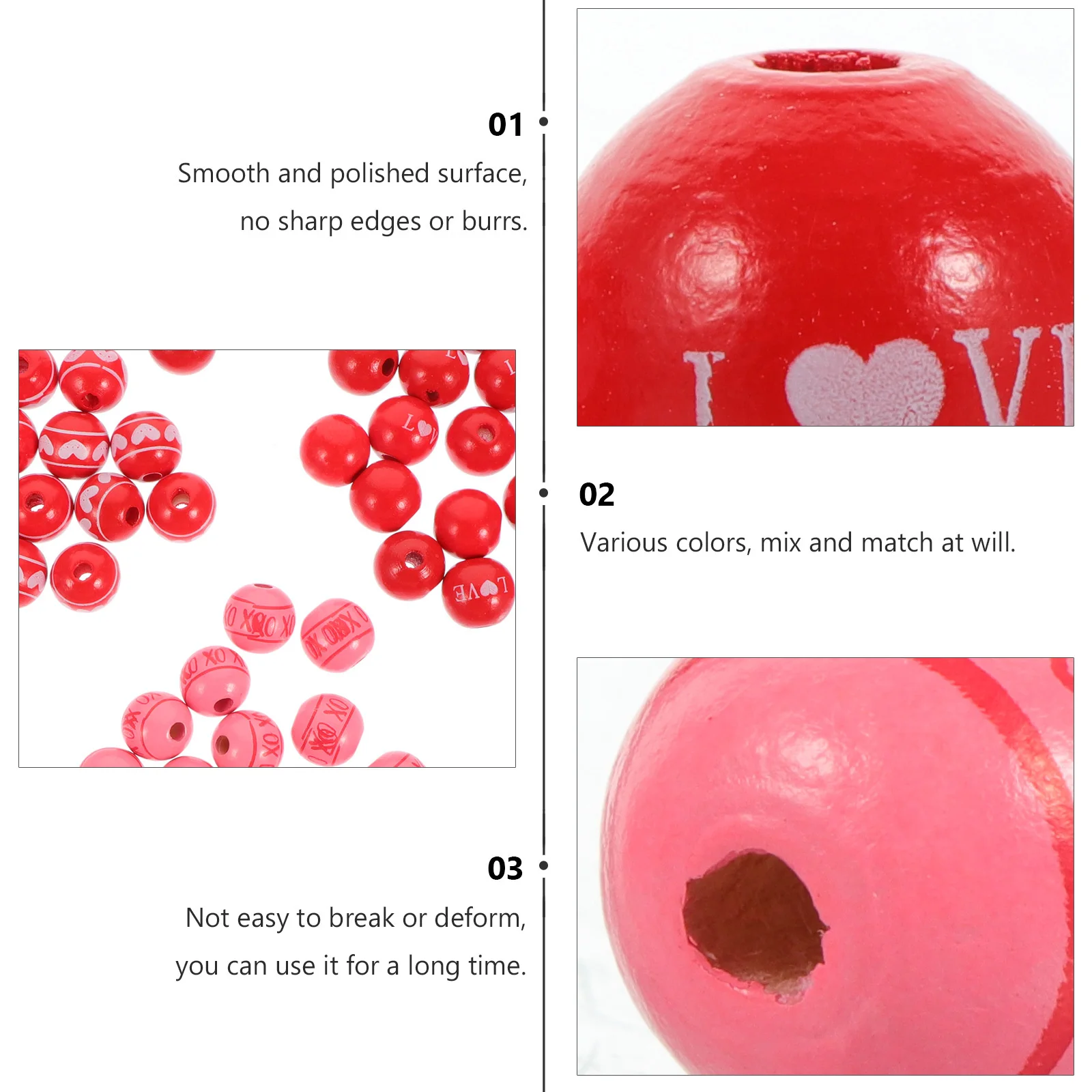 

60pcs Wooden Beads for DIY Valentine's Day Decorative Hole Loose Craft Materials Lovely Jewelry Making Supplies