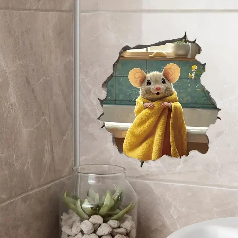 VIKAMA 3D Cute Mouse in Bathrobe Wall Sticker Hole Effect, Self-Adhesive Peel and Stick Decal for Bathroom