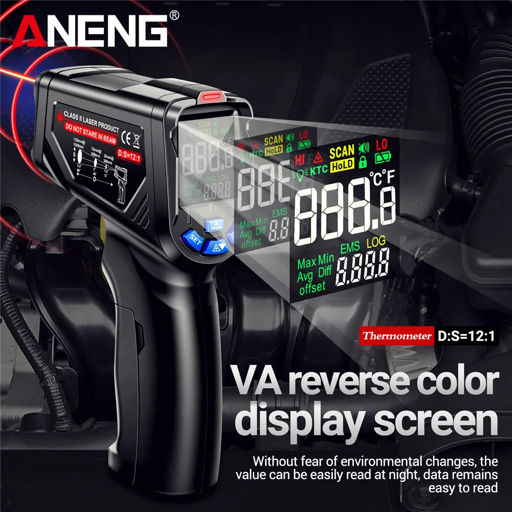 

ANENG TH06 0.1-1.00 Digital Infrared Temperature Sensor Gun Adjustable VA Reverse Screen Thermometer Instrument Detection Tool