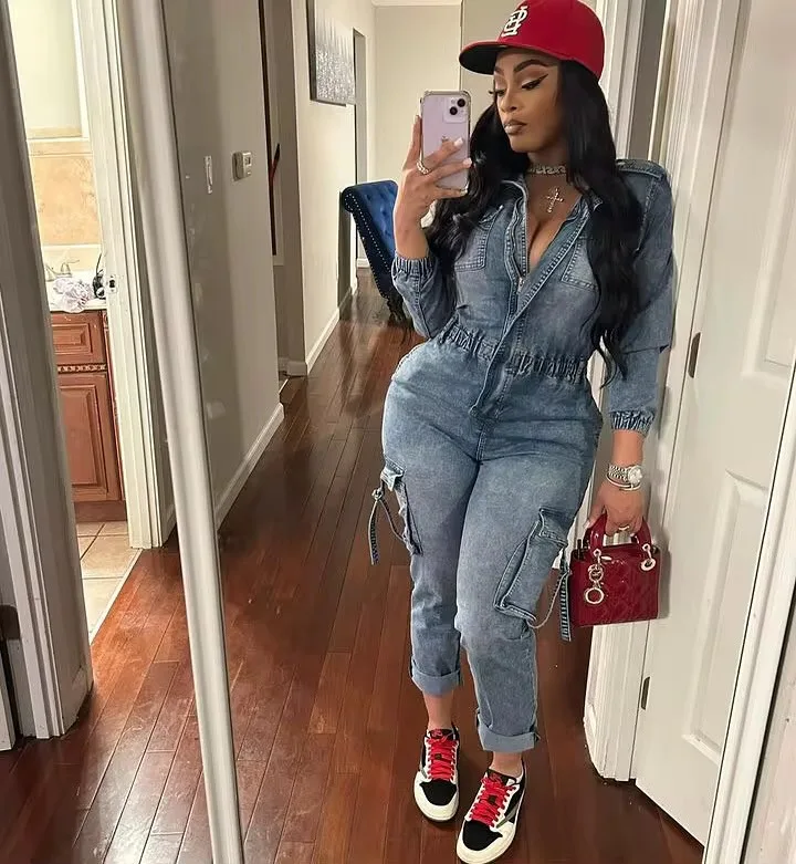 

omen'S Denim Overalls - Button- Collar Long Sleeve Workwear Jumpsuit