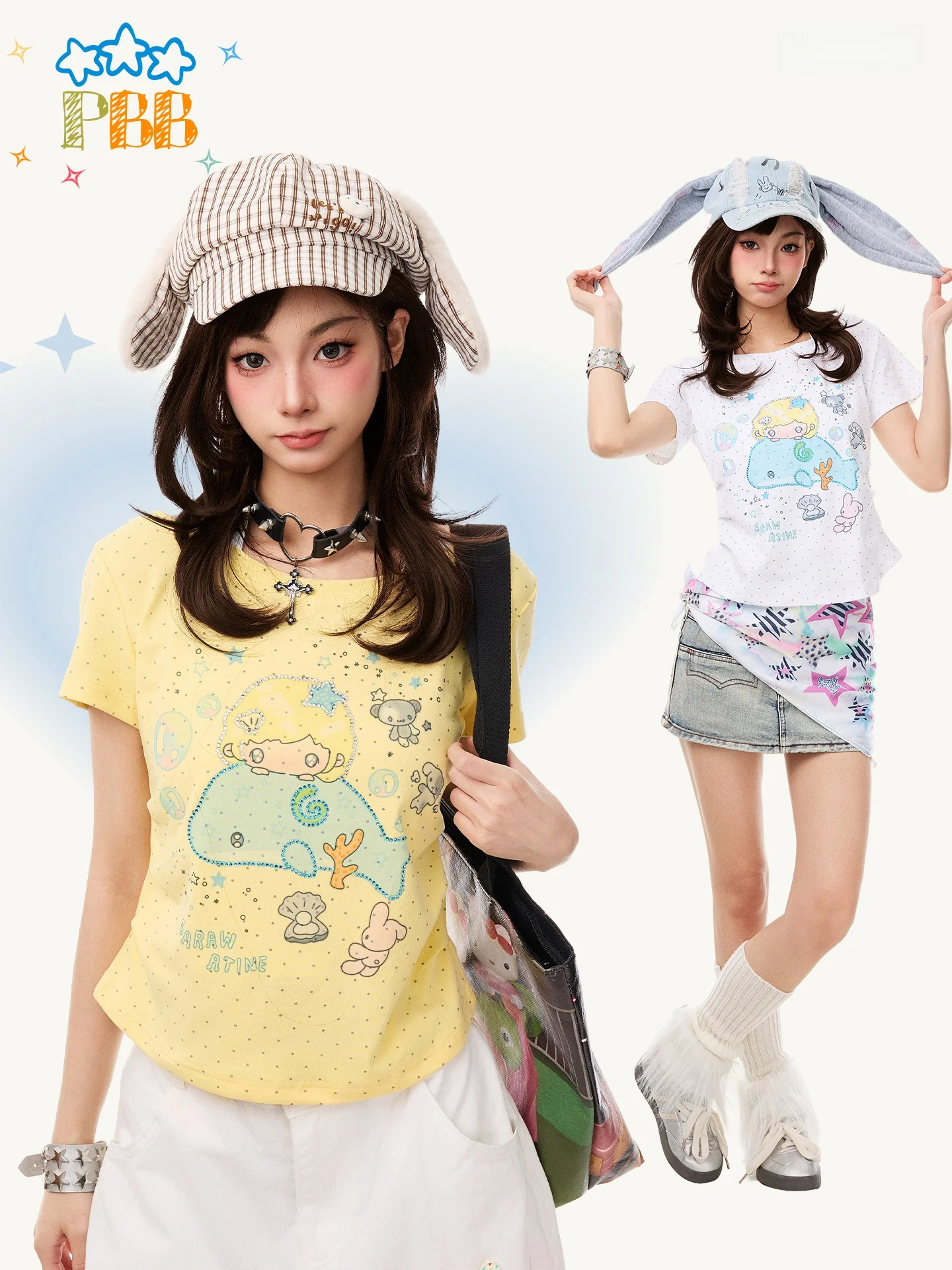 

PBB Sweet Style Cartoon Print Rhinestone Short Sleeve Top for Women Slimming Youthful Subcultural Hanging Neck Shirt